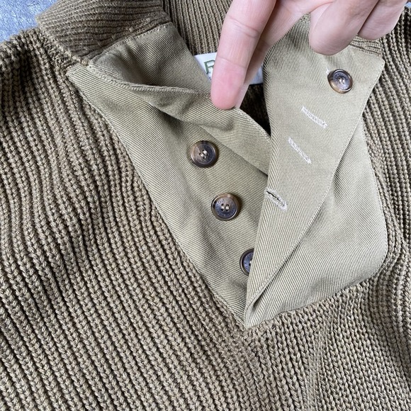 Orvis Sweater Mens Size L Tan Military Commando Shawl Collar Button Elbow Patch - Picture 6 of 13